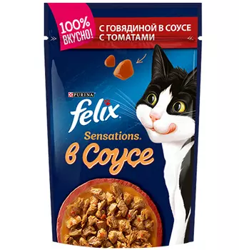 Felix Sensations / Паучи Феликс Сенсейшенс в соусе для взрослых кошек с говядиной (цена за упаковку)