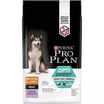 PRO PLAN GRAIN FREE / Сухой корм Пурина Про План для взрослых собак средних и крупных пород при чувствительном пищеварении с индейкой