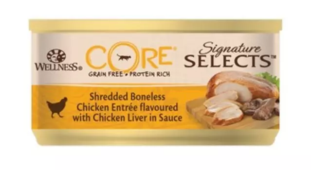 CORE Cat Signature Selects Shredded Boneless Chicken with Chicken Liver / Консервы Кор для кошек Измельченное Куриное филе с куриной печенью в соусе (цена за упаковку)