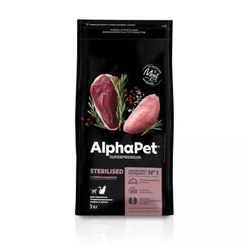 AlphaPet Superpremium сухой корм для взрослых стерилизованных кошек и котов (Утка и индейка, 3 кг.)