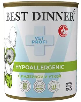Best Dinner Vet Profi Hypoallergenic консервы для собак профилактика пищевой аллергии (Индейка и утка, 340 г.)