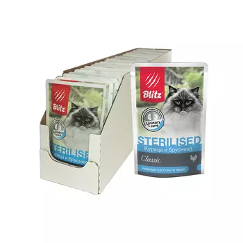 Blitz Classic Sterilised пауч для стерилизованных кошек и кастрированных котов (кусочки в желе) (Курица и брусника, 85 г. упаковка 24 шт)