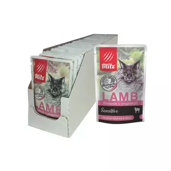 Blitz Sensitive пауч для кошек (кусочки в желе) (Ягненок и индейка, 85 г. упаковка 24 шт)