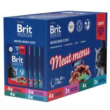 Brit Premium Meat menu набор паучей для кошек (кусочки в соусе) (Ассорти, 14 х 85 г.)