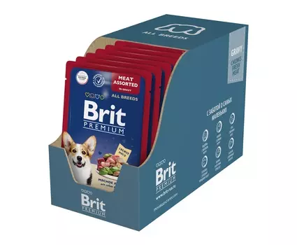 Brit Premium пауч для взрослых собак всех пород (кусочки в соусе) (Мясное ассорти, 85 г. упаковка 14 шт)