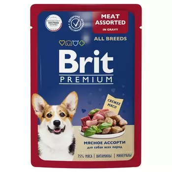 Brit Premium пауч для взрослых собак всех пород (кусочки в соусе) (Мясное ассорти, 85 г.)