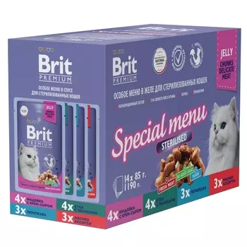 Brit Premium Special menu набор паучей для стерилизованных кошек (кусочки в желе) (Ассорти, 14 х 85 г.)