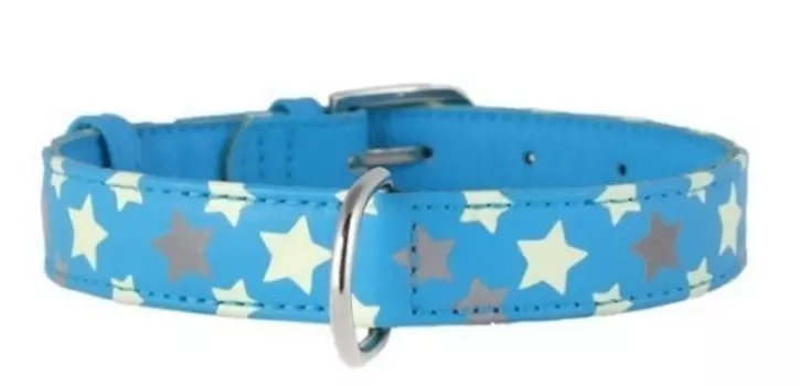 Collar ошейник кожаный Glamour "Звездочка", светоотражающая (ширина 12 мм., длина 21 - 29 см., Синий)