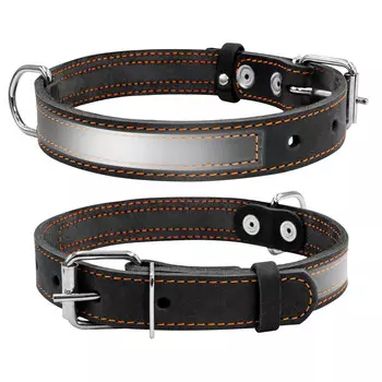 Collar ошейник кожаный со светоотражающей лентой (48-63 см., Черный)