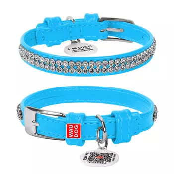 Collar ошейник кожаный Waudog Glamour "Полотно стразы" (19-25 см., Голубой)