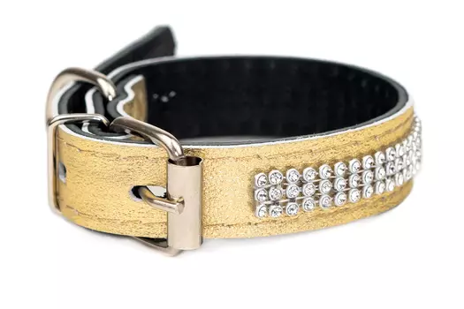 Дарэленд ошейник кожаный со стразами простроченный 2х-слойный (23-33 см., Золотой)
