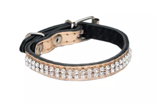 Дарэленд ошейник кожаный со стразами простроченный 2х-слойный (16-22 см., Розовое золото)