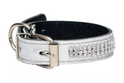 Дарэленд ошейник кожаный со стразами простроченный 2х-слойный (23-33 см., Серебряный)