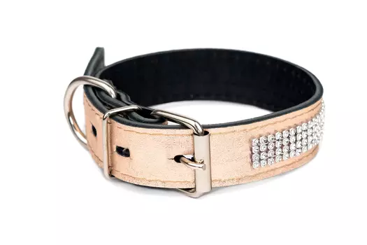 Дарэленд ошейник кожаный со стразами простроченный 2х-слойный (29-39 см., Розовое золото)