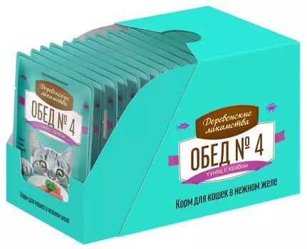 Деревенские лакомства пауч для кошек (кусочки в желе) (Тунец и краб, 50 г. упаковка 12 шт)