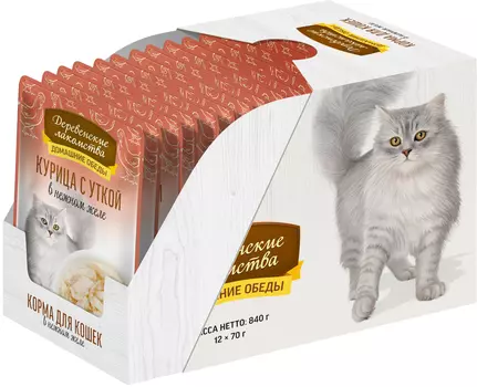 Деревенские лакомства пауч для кошек (кусочки в нежном желе) (Курица и утка, 70 г. упаковка 12 шт)