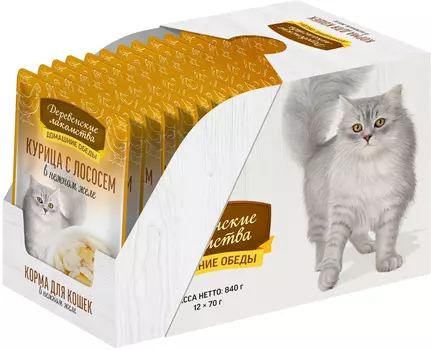 Деревенские лакомства пауч для кошек (кусочки в нежном желе) (Курица и лосось, 70 г. упаковка 12 шт)