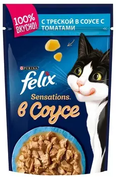 Felix Sensations пауч для кошек (кусочки в соусе) (Треска и томат, 85 г.)