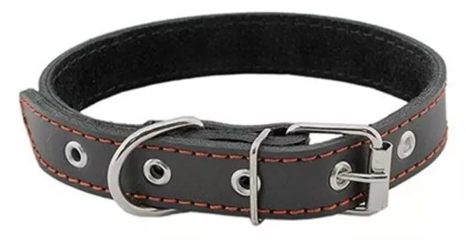 HOMEPET ошейник для собак кожаный простой двойной простроченный двухслойный (32-42 см., Черный)