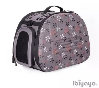 Ibiyaya складная сумка-переноска серая в цветочек для собак и кошек до 6 кг (46 х 32 х 30 см.)