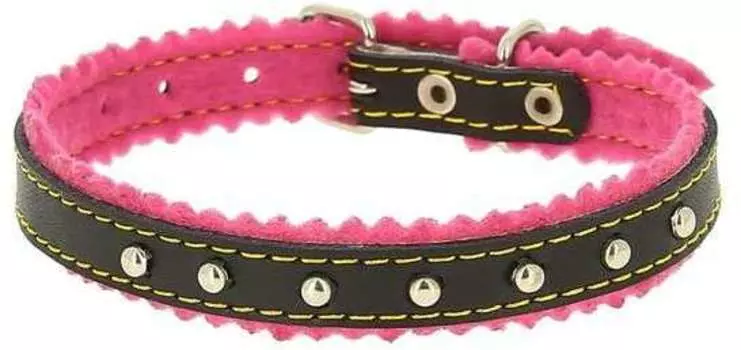 Каскад ошейник кожаный с украшением на синтепоне с бубенчиками (10 мм х 28 см, Черный)