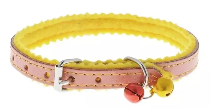 Каскад ошейник кожаный с украшением на синтепоне с бубенчиками (10 мм х 28 см, Розовый)