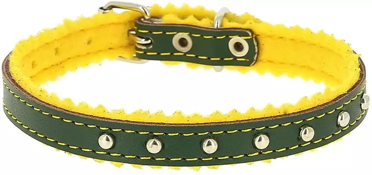 Каскад ошейник кожаный с украшением на синтепоне с бубенчиками (10 мм х 28 см, Зелёный)