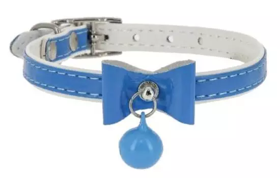 Каскад ошейник "Синтетик" двойной прошитый для кошки с бантом и бубенчиком (Синий)