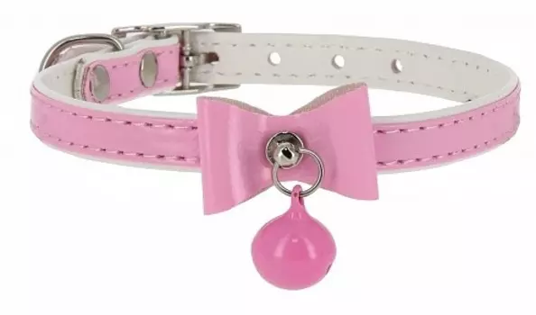 Каскад ошейник "Синтетик" двойной прошитый для кошки с бантом и бубенчиком (Розовый)