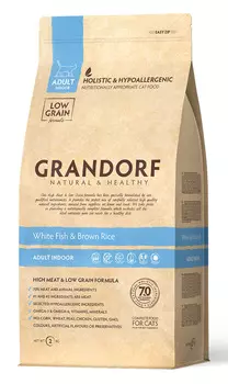 Корм для кошек Grandorf для живущих в помещении, гипоаллергенный, с белой рыбой, с коричневым рисом 2 кг