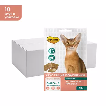 Мнямс хрустящие подушечки Здоровье и красота для кошек (10 упаковки по 60 г., Лосось)