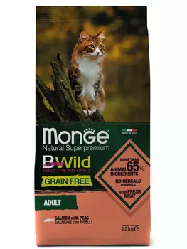 Monge Bwild Cat Grain Free беззерновой корм из лосося и гороха для взрослых кошек (Лосось и горох, 1,5 кг.)