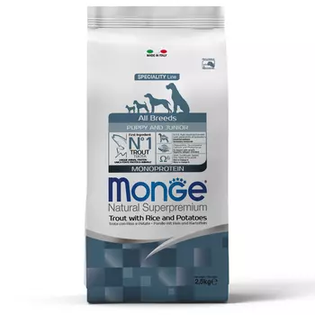 Monge Dog Monoprotein Puppy &amp; Junior корм для щенков всех пород (Форель, рис, картофель, 2,5 кг.)