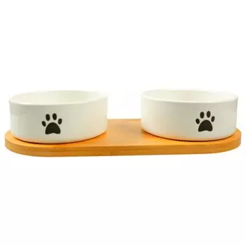 Mr.Kranch Bamboo миска керамическая двойная на бамбуковой подставке (2 х 350 мл., Белая)