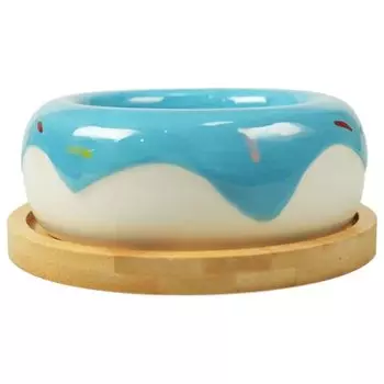 Mr.Kranch Bamboo миска керамическая на бамбуковой подставке пончик (250 мл., Голубая)