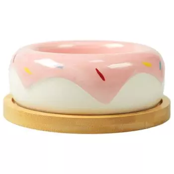 Mr.Kranch Bamboo миска керамическая на бамбуковой подставке пончик (250 мл., Розовая)