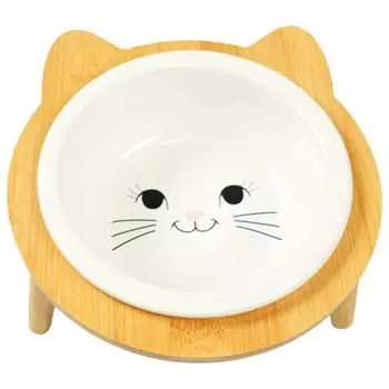 Mr.Kranch Bamboo миска керамическая на бамбуковой подставке Кошка (400 мл., Белая)