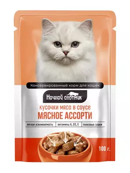 Ночной охотник пауч для кошек (кусочки в соусе) (Мясное ассорти, 100 г.)