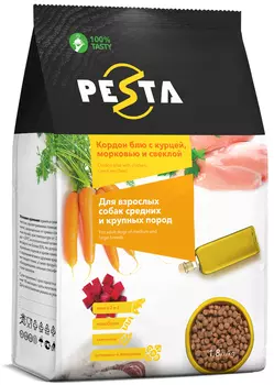 Pesta сухой корм "Кордон блю с курицей, морковью и свеклой" для взр. собак средних и крупных пород (Курица, морковь и свекла, 1,8 кг. упаковка 4 шт)