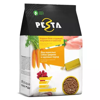 Pesta сухой корм "Кордон блю с курицей, морковью и свеклой" для взр. собак средних и крупных пород (Курица, морковь и свекла, 1,8 кг.)