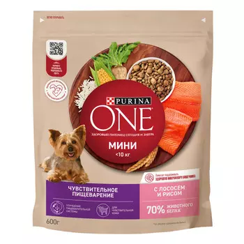 Purina One Мини "Чувствительная" для взрослых собак мелких пород с чувствительным пищеварением (Лосось, 600 г.)