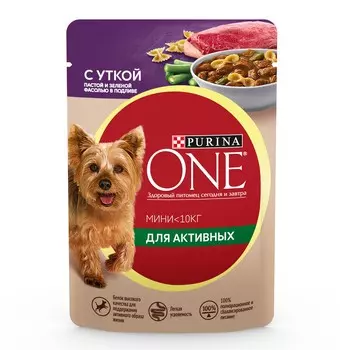 Purina One Мини пауч для активных взрослых собак мелких и карликовых пород (кусочки в подливе) (Утка, 85 г.)