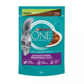 Purina One пауч для взрослых кошек особенно привередливых к вкусу (Индейка, утка и морковь, 75 г.)