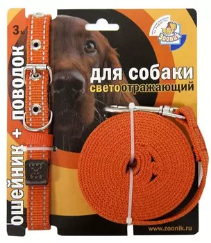 Зооник комплект капроновый поводок+ошейник со светоотражающей лентой на блистере (37-51 см., Оранжевый)