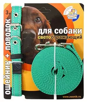 Зооник комплект капроновый поводок+ошейник со светоотражающей лентой на блистере (34-46 см., Зеленый)