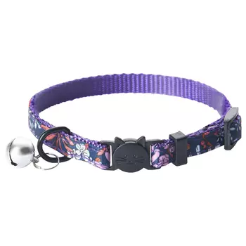 ZooOne ошейник для кошки с безопасной пряжкой и бубенчиком цветы (10 мм. х 18-28 см., Фиолетовый)