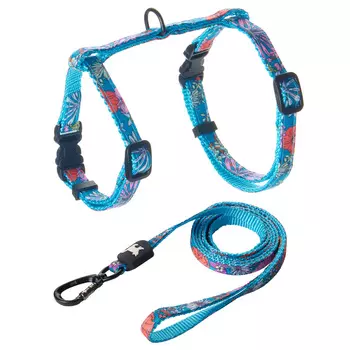 ZooOne шлейка для кошки с поводком цветы (Синяя)