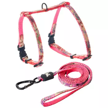 ZooOne шлейка для кошки с поводком цветы (Розовая)