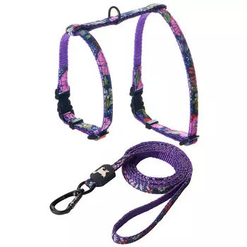 ZooOne шлейка для кошки с поводком цветы (Фиолетовая)