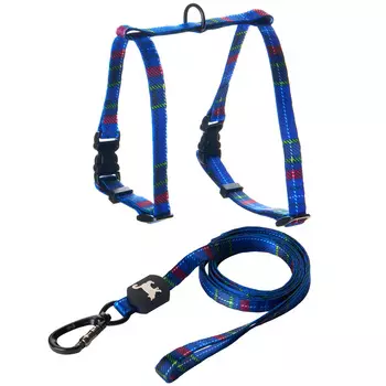 ZooOne шлейка для кошки с поводком шотландка (Синяя)